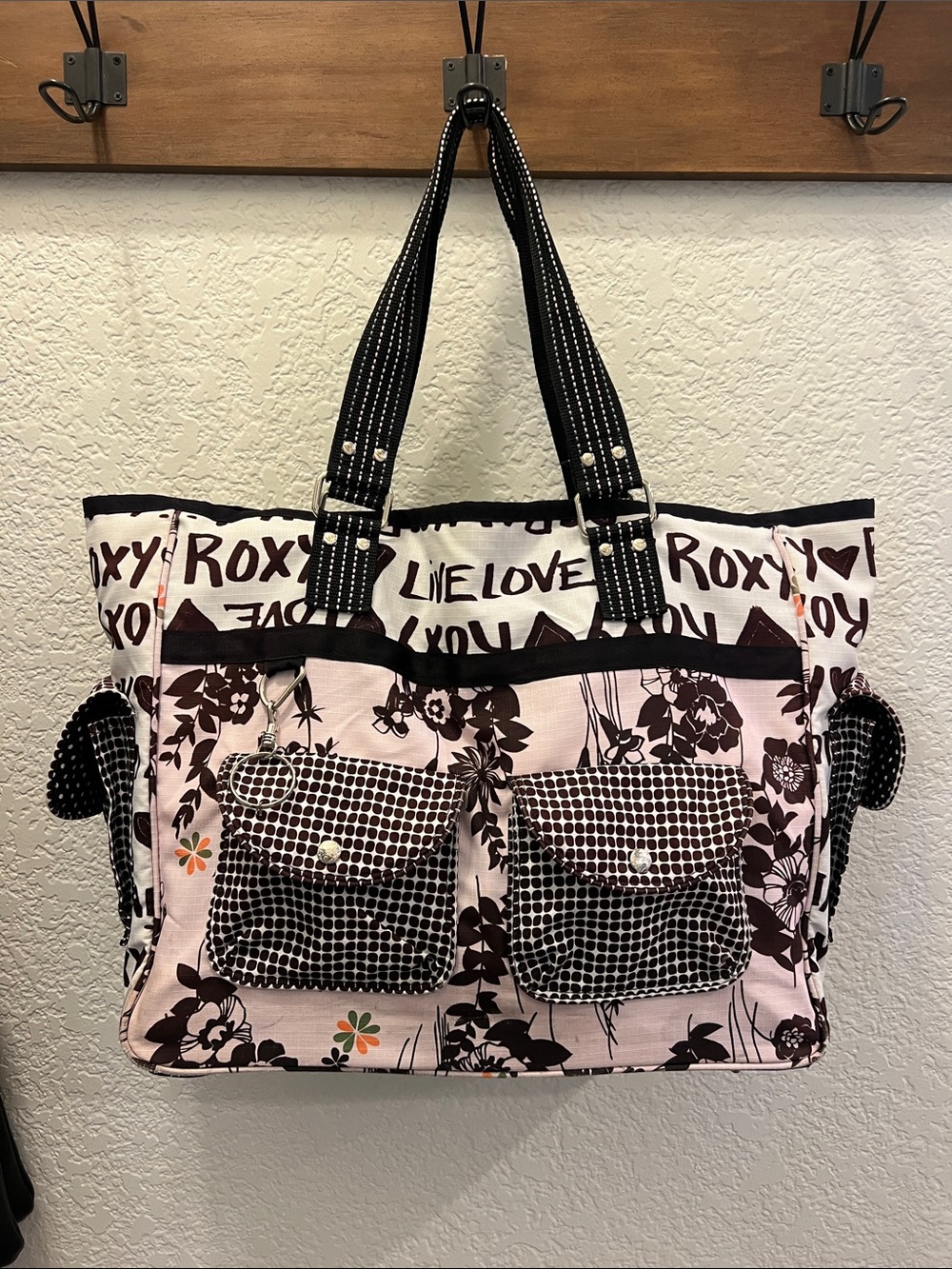 Roxy Pink and Black Floral Graphic Tote with Front Pockets approximately 40 x